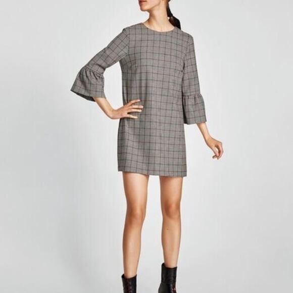 Zara Black & White Glen Check Plaid Long Sleeve Bell Sleeve Dress Medium - Picture 2 of 8